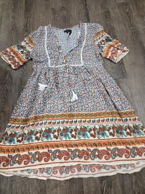 Caroline Morgan Australia Ditsy Floral Tassel Dress Bohemian Print Size 10